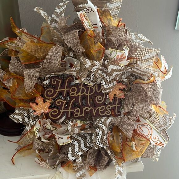 Handmade Fall Autumn Thanksgiving Ribbon Twine Wreath Made on 8” Ring - Picture 1 of 7